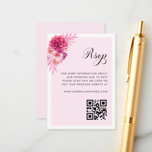 Rosa Blumenschrift QR Code Einfache Hochzeit RSVP Begleitkarte (Vorderseite/Rückseite Beispiel)