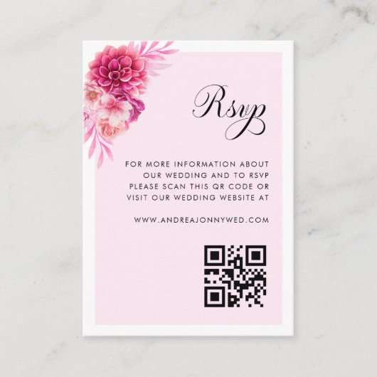 Rosa Blumenschrift QR Code Einfache Hochzeit RSVP Begleitkarte (Vorderseite)