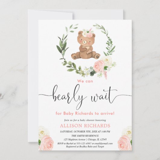 Rosa Blumenstrauß Bärengrün Mädchen Dusche Einladung (Vorderseite)