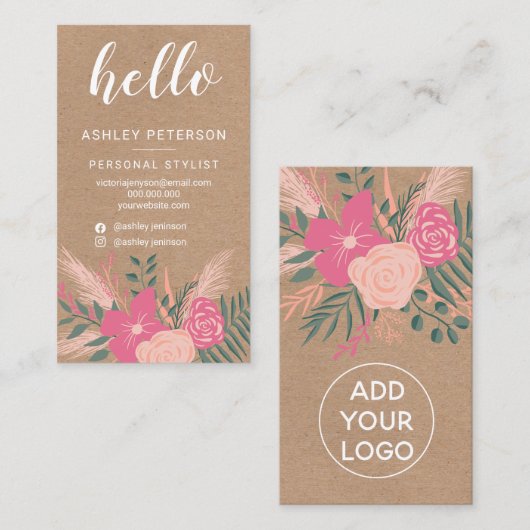 Rosa Blumenstrauß-Braunbrown Kraftsch-Hello-Skript Visitenkarte (Vorne/Hinten)