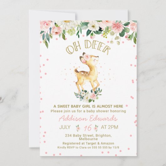 Rosa Blumenstrauß Hirsche Kinderdusche Einladung (Vorderseite)