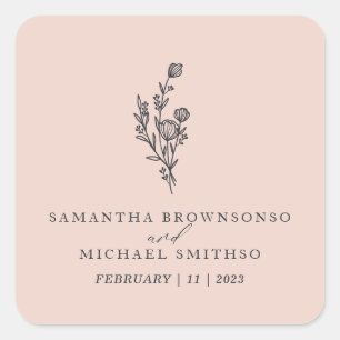 Rosa Blumenstrauß Name Floral Minimale Hochzeit Quadratischer Aufkleber