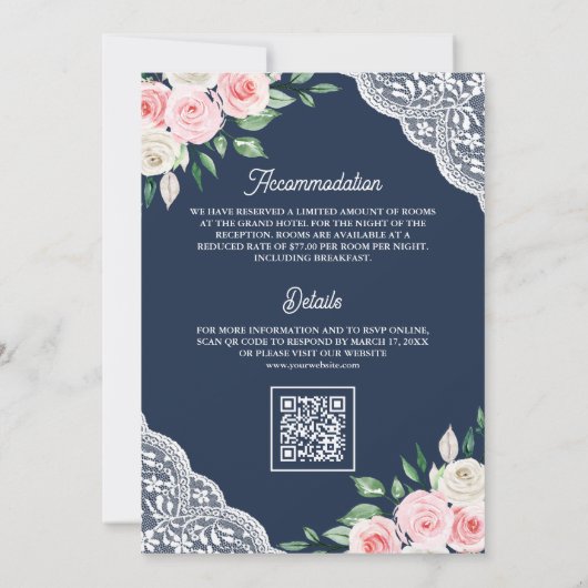 Rosa Blumenstrauß Navy Blue QR Code muslimische Ho Einladung (Rückseite)