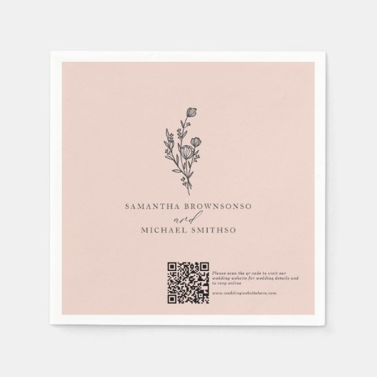 Rosa Blumenstrauß Qr Code Hochzeitstag Serviette (Vorderseite)