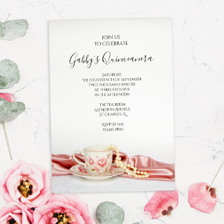 Rosa Blumenstrauß-Tee-Cup mit Perlen Quinceanera P Einladung