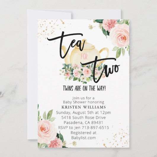 Rosa Blumenstrauß Tee für zwei Babyduschen Einladung (Vorderseite)