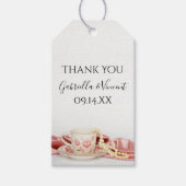 Rosa Blumenstrauß-Teebecher mit Gastgeschenk Hochz Geschenkanhänger (Vorderseite)