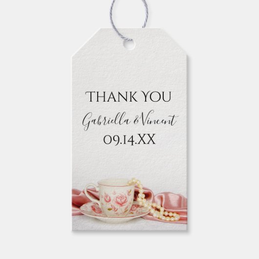 Rosa Blumenstrauß-Teebecher mit Gastgeschenk Hochz Geschenkanhänger (Vorderseite)