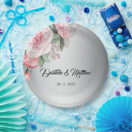 Rosa Blumenstrauß und Silberhochzeit Pappteller (Party)