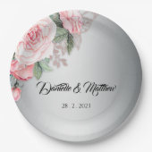 Rosa Blumenstrauß und Silberhochzeit Pappteller (Vorderseite)