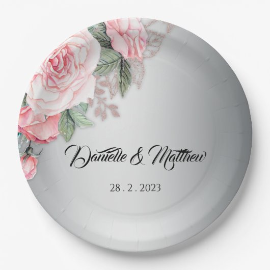Rosa Blumenstrauß und Silberhochzeit Pappteller (Vorderseite)