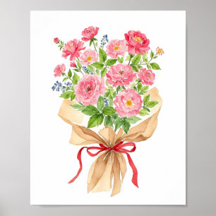 Rosa Blumenstrauß Wasserfarben Kunst, Dichtung und Poster