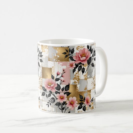 Rosa Blumensträuße auf Gold- und Weißplätzen Kaffeetasse (VorderseiteRechts)