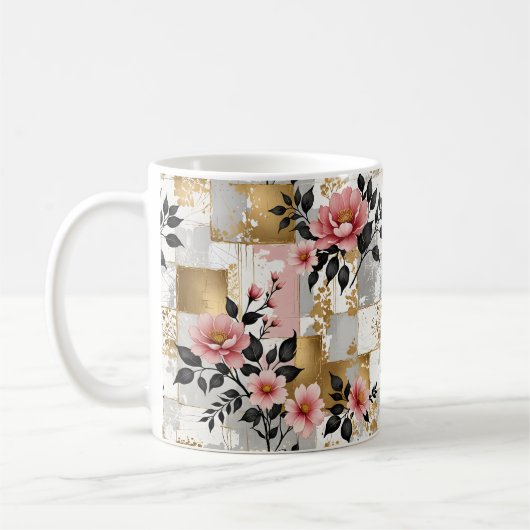 Rosa Blumensträuße auf Gold- und Weißplätzen Kaffeetasse (Links)