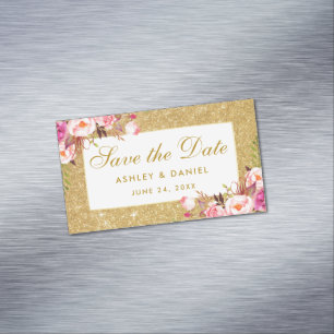 Rosa Blumensträuße Save The Date Gold Glitter Mini Magnetische Visitenkarte