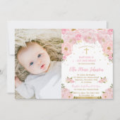 Rosa Blumentaufe 1. Geburtstag Party Foto Einladung (Vorderseite)