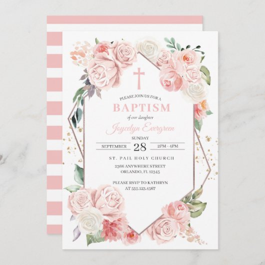 Rosa Blumentaufen Einladung (Vorne/Hinten)