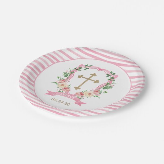 Rosa Blumentaufen Pappteller (Schrägansicht)