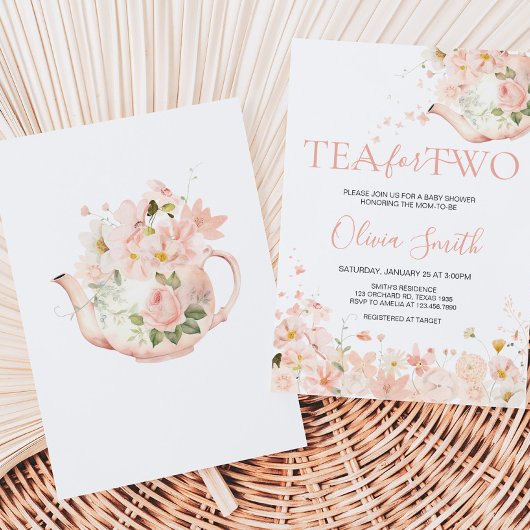 Rosa Blumentee für zwei Babyduschen Einladung