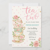 Rosa Blumentee für zwei Geburtstage Einladung (Vorderseite)