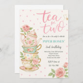Rosa Blumentee für zwei Geburtstage Einladung (Vorne/Hinten)