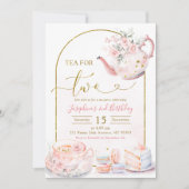 Rosa Blumentee für zwei Mädchen Geburtstagsparty Einladung (Vorderseite)
