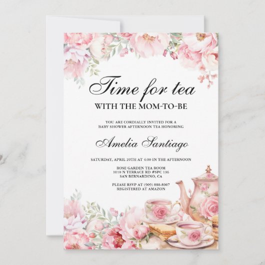 Rosa Blumentee mit Mama als Babydusche Einladung (Vorderseite)