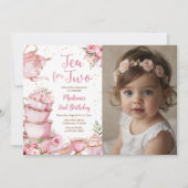 Rosa Blumentee Party 2. Geburtstag Foto Einladung (Vorderseite)