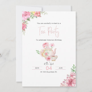 Rosa Blumentee Party Geburtstagsfeier Einladung