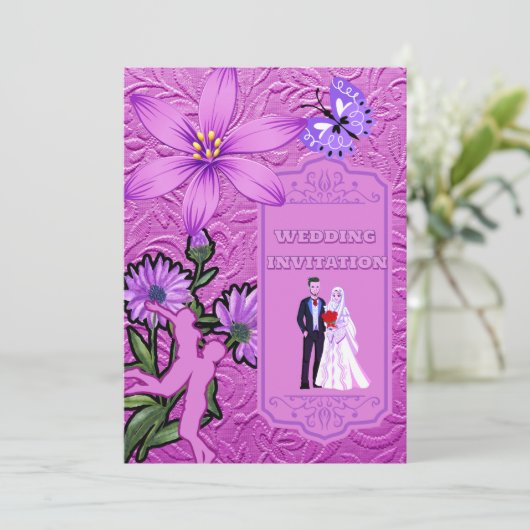 Rosa Blumentextur Islamische Hochzeit Einladung (Stehend Vorderseite)