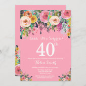 Rosa Blumenüberraschung 40. Geburtstag Einladung (Vorne/Hinten)