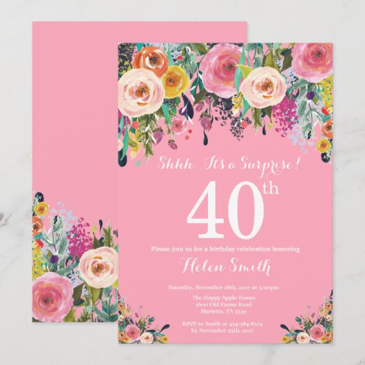 Rosa Blumenüberraschung 40. Geburtstag Einladung (Vorne/Hinten)