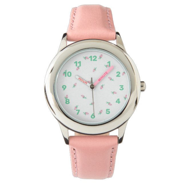 Rosa Blumenuhr für Kinder - Pastell Armbanduhr (Vorderseite)