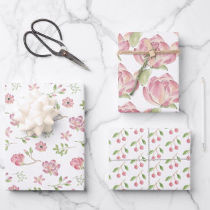 Rosa Blumenumhüllungspapier Set 3 Geschenkpapier Set