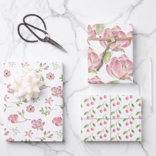 Rosa Blumenumhüllungspapier Set 3 Geschenkpapier Set (Vorderseite)