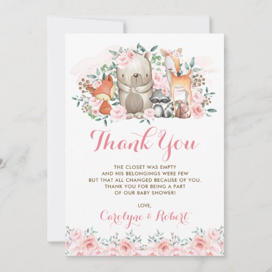 Rosa Blumenwaldtier-Babyparty-Geburtstag Dankeskarte (Vorderseite)