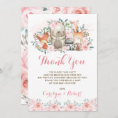 Rosa Blumenwaldtier-Babyparty-Geburtstag Dankeskarte (Vorne/Hinten)