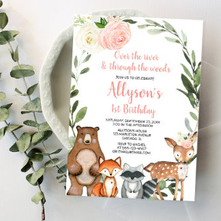 Rosa Blumenwaldtiere Mädchen 1. Geburtstag Einladung