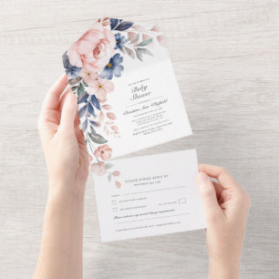 Rosa Blumenwasser Botanische Babydusche All In One Einladung