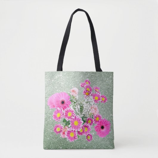 Rosa Blumenweiche Grüne Imitate Glitzer Tasche (Vorderseite)