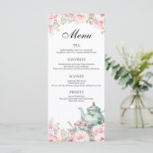 Rosa Blumenwein Grüne Nachmittagstee Party Menükarte (Stehend Vorderseite)