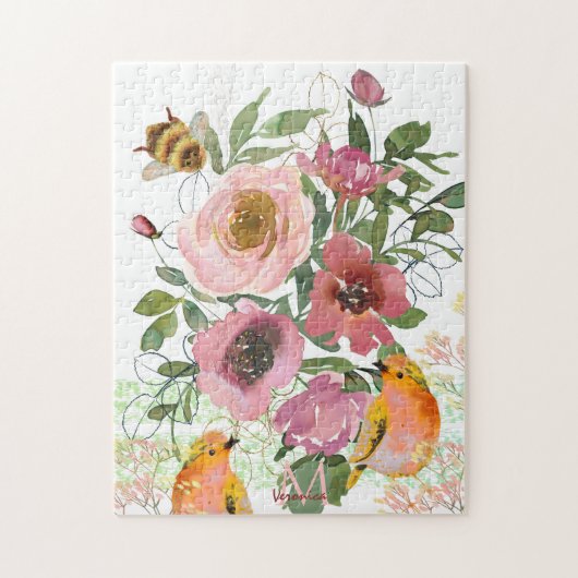 Rosa Blumenweiß Puzzle mit Vögeln (Vertikal)