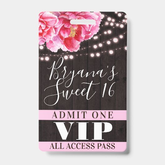 Rosa Blumenweizenleuchten Sweet 16 VIP Pass Ausweis (Vorderseite)