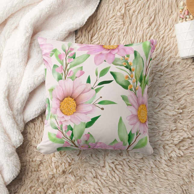 Rosa Blumenwirbel Kissen (Pink Flowers and green leaves floral pillow!)