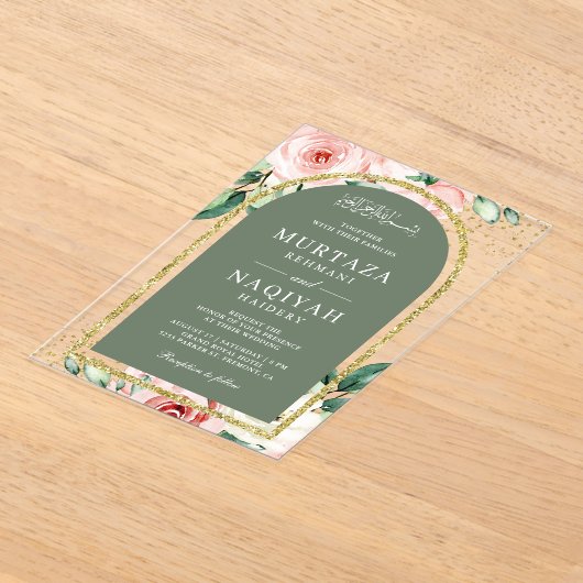 Rosa Blumenzage Grüne Arche muslimische Hochzeit Acryleinladungen (Ablage )