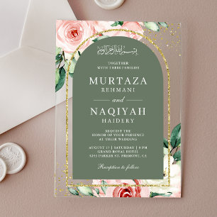 Rosa Blumenzage Grüne Arche muslimische Hochzeit Acryleinladungen