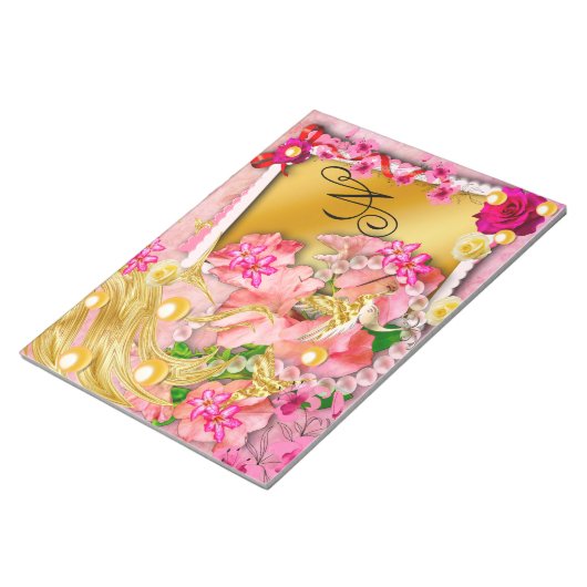 Rosa Blumenzange Fairy Gold Bird Mit Monogramm Notizblock (angewinkelt)