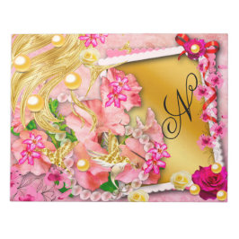 Rosa Blumenzange Fairy Gold Bird Mit Monogramm Notizblock