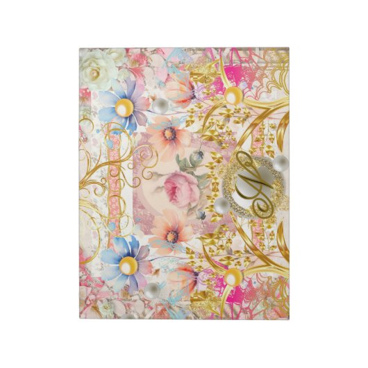 Rosa Blumenzange Fairy Gold Bird Mit Monogramm Notizblock (Rotiert)
