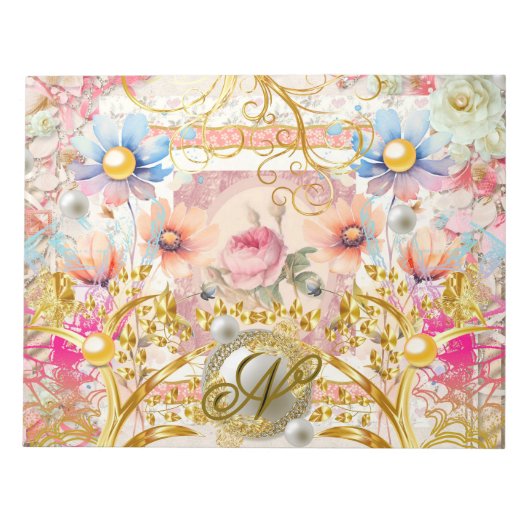 Rosa Blumenzange Fairy Gold Bird Mit Monogramm Notizblock (Vorderseite)